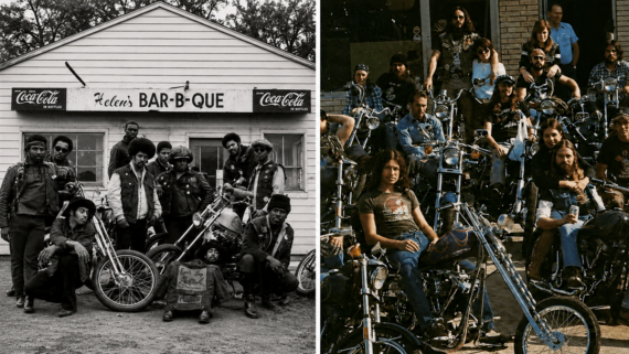 Split image: Left, a group of bikers pose outside a white building labeled “Helen’s Bar-B-Que.” Right, bikers with long hair and leather sit on motorcycles in front of a building.