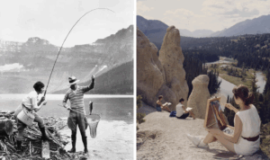 Left side: A vintage photo of two people fishing by a lake. One holds a fish on a line. Right side: A scenic view of an artist painting on a cliff, overlooking a river and mountains, with three people seated around.