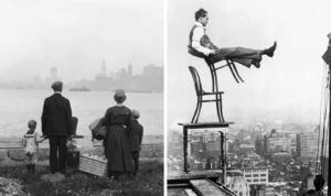 Left: A family with luggage looks at a foggy city skyline across the water. Right: A man balances precariously on a stack of chairs atop a skyscraper, overlooking a cityscape.