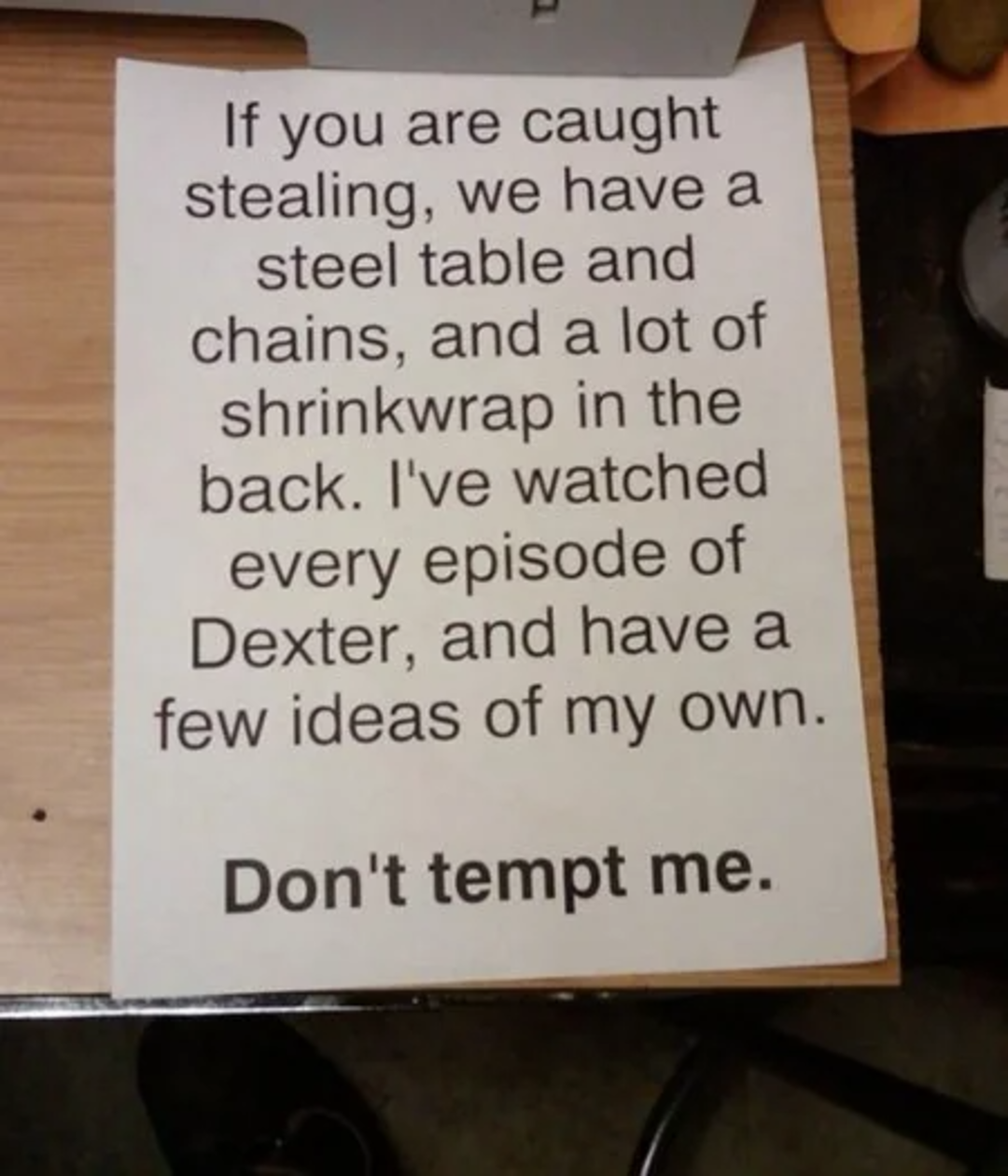 A sign on a table