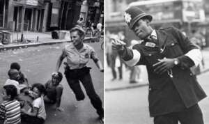 Left: A police officer in uniform interacts playfully with children on a city street. Right: A police officer in a British uniform gestures and directs traffic or people on a busy street. Both images are in black and white.