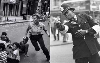 Left: A police officer in uniform interacts playfully with children on a city street. Right: A police officer in a British uniform gestures and directs traffic or people on a busy street. Both images are in black and white.