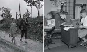 Left image: Two children walk on a dirt road; one carries a lunchbox and book. Right image: Two children study indoors; one reads a geography book, the other writes. Both scenes are in black and white.