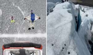 Left: Two parachutists in wing suits glide above a snowy forest. Right: A climber in a crevasse uses an ice axe to ascend icy walls. The images show extreme sports in winter environments.