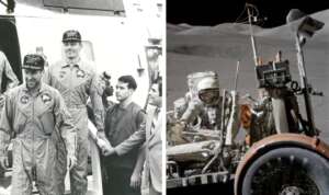 Left: A black-and-white photo of astronauts in jumpsuits and caps exiting a spacecraft with smiling faces. Right: A color photo of an astronaut in a spacesuit standing beside a lunar rover on the moon's surface.