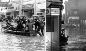 Split image: On the left, people in a dark boat navigate a flooded street with vintage cars and storefronts. On the right, a police officer stands waist-deep in floodwater near a vitamins booth. Both scenes depict historic urban flooding.