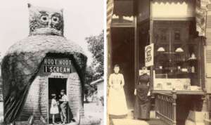 Left: A vintage photo of a large owl-shaped building with "Hoot Hoot I Scream" above the entrance. Two children and a man stand in the doorway. Right: An old photograph of two women standing outside an ice cream shop with signs, including one for "Ice Cream.