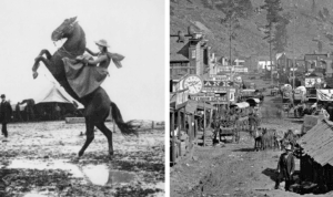 Vintage wild west photos. Left: A person rides a rearing horse on muddy ground beside a tent, wearing a hat. Right: A bustling old town street with people, horses, carriages, shops, and signs, set against a wooded hillside.