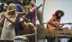 Split image: Left side shows a woman playing a flute and a man playing a drum in a crowd. Right side features a man with an afro playing a guitar while sitting on a straw-covered platform outdoors.