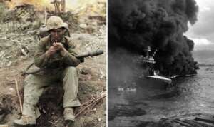 Split image: Left side shows a soldier in fatigues resting and lighting a cigarette, with a flamethrower. Right side depicts a battleship engulfed in thick black smoke on the water. Both scenes have a wartime atmosphere.