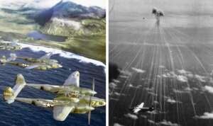 Left side: A formation of WWII fighter planes flying over a coastline with rugged terrain. Right side: Vintage photo of aircraft engaged in combat with numerous contrails or smoke trails in the sky.