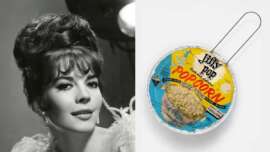 A black-and-white portrait of a woman with styled hair is shown on the left; on the right is a color photo of a Jiffy Pop popcorn pan with its foil cover and handle visible.
