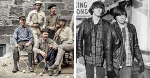 Split image: Left&mdash;six men in vintage tennis attire with rackets and balls, posing outdoors against a stone wall. Right&mdash;two teens in leather jackets and plaid shirts walk down a street in a black-and-white photo.