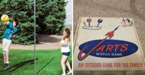 Split image: On the left, two kids play tetherball on grass near evergreen trees. On the right, a vintage Jarts Missile Game box is shown, labeled "An Outdoor Game for the Family" with dart illustrations.