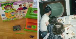 Left: A Creepy Crawlers toy set with a box showing two kids making toy bugs. Right: A vintage scene of a family gathered around a classic black-and-white TV, watching and eating at a table.