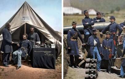 Split image: On the left, three men in Civil War-era uniforms sit and stand outside a tent labeled "Hotel de' Ville." On the right, a group of Union soldiers in blue uniforms pose by a large cannon and cannonballs.
