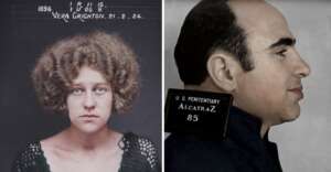 Split image: On the left, a woman with curly hair and blue eyes stares forward against a height marker. On the right, a man in profile poses for a mugshot with an "Alcatraz" sign by his neck.