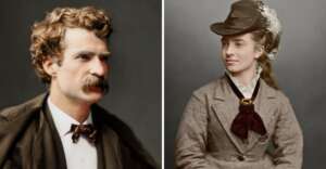 A colorized split portrait; left shows a man with curly hair, a mustache, and a bow tie, wearing a brown jacket. Right shows a woman in a brown hat and coat with a maroon bow, looking slightly to the side.