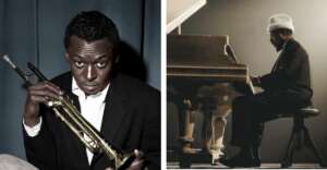 Split image: On the left, a man in a suit holds a trumpet and looks at the camera. On the right, a man in a hat and suit sits at a grand piano, playing, in a dimly lit setting.