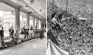 Left side: Vintage image of people riding a small train under an ornate roof. Right side: High-angle view of a crowded fairground with people on a swinging ride and a packed audience below.