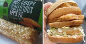 A hot, crispy apple pie in green packaging next to a pie, and a large sandwich with two patties, lettuce, and sauce on a bun, being held up.