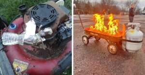 A split image: on the left, a lawnmower engine has a foil-wrapped can attached to it; on the right, a propane tank is connected to a red wagon with visible flames, with a child standing nearby.