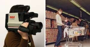 Left: Person holding a large RCA camcorder on their shoulder. Right: Woman and child with a shopping cart in a supermarket aisle lined with shelves of canned goods; other shoppers in the background.
