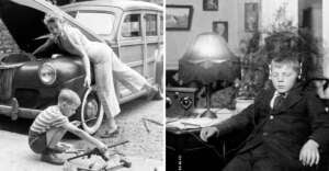 Left: A woman inspects a car engine while a boy helps with tools. Right: A boy in vintage attire listens to a radio with headphones, eyes closed, seated beside a table with a lamp and radio equipment.