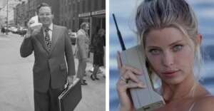 A black-and-white photo of a man in a suit holding a vintage mobile phone and a briefcase is on the left; a color photo of a woman holding a similar old cellphone is on the right.