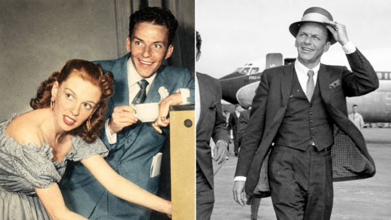 A woman in a blue dress and a man in a blue suit smiling indoors; on the right, a man in a suit and hat smiles while walking outside near an airplane.