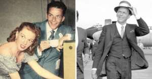 A split image: on the left, a woman in a polka-dot dress and a man in a blue suit smile while standing together; on the right, a man in a suit and hat smiles while walking near an airplane.