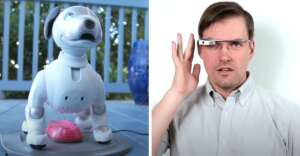 Split-image: On the left, a robotic dog toy stands on a charging pad outdoors. On the right, a man wearing a white shirt looks forward while adjusting smart glasses on his face.