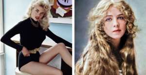 Two women are shown side by side. The left woman has blonde hair, wears a black turtleneck and shorts, sitting confidently. The right woman has long wavy light hair, blue eyes, and wears a soft expression with a natural background.