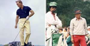 Split image: Left, a golfer in a navy shirt and yellow pants stands on a golf bag labeled "Arnold Palmer." Right, two men with golf bags; one in a white jacket and green hat, the other in a light sweater and red pants.