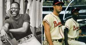 Left image: A man in a t-shirt sits and laughs, resting his arm on a chair. Right image: Two baseball players in Braves uniforms stand together, one wearing a hat, with a stadium crowd in the background.