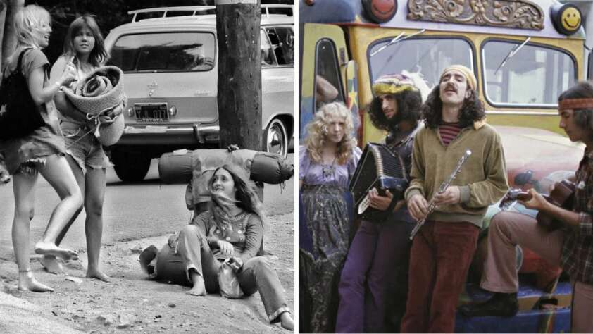 Left: A black-and-white photo of barefoot people with backpacks, one sitting on the ground. Right: A color photo of people with musical instruments, standing by a bus decorated with colorful art.