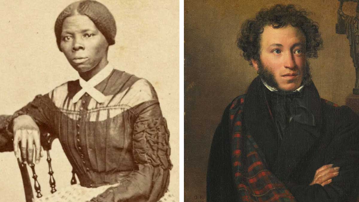 A split image: on the left, a black-and-white portrait of a woman with curly hair; on the right, a black-and-white photo of a man in a lab coat smiling while holding a rack of test tubes.
