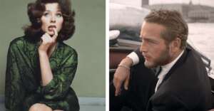 A split image: on the left, a woman with curly brown hair sits in a green patterned dress, looking thoughtful with her finger on her lips; on the right, a man with slicked-back hair and a beard sits by water, looking to the side in a suit.
