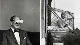 On the left, a man wears glasses with two large antennas. On the right, a baby sits in a metal cage attached outside a window, looking out. Both images show unusual historical inventions.
