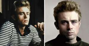 Side-by-side images of a young man with blond hair; on the left, he wears a striped shirt and looks thoughtfully into the distance, on the right, he has a serious expression and wears a dark sweater.