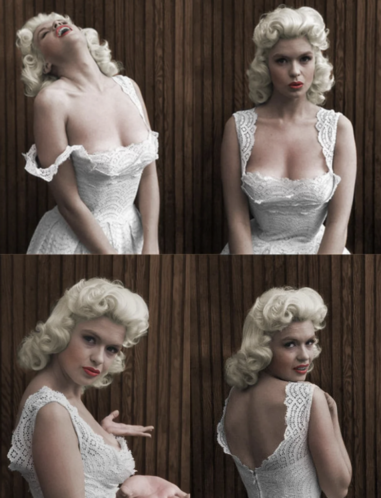 Four photos of a woman with platinum blonde hair in vintage waves, wearing a white lace dress, posing expressively against a wooden background—smiling, pouting, gesturing with hands, and showing the dress’s back.