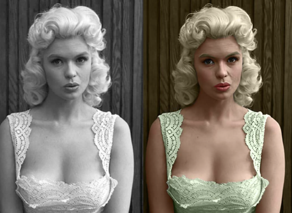 Split image of a woman with wavy, platinum blonde hair in a lacy dress; left side is in black and white, right side is colorized with mint green dress, red lips, and wooden background.