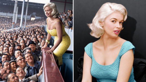 Split image: Left, a woman in a yellow dress leans over a barrier, smiling at a crowd of men. Right, she poses against a dark backdrop wearing a turquoise knit top, looking slightly to the side with a soft smile.