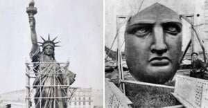 Two black-and-white photos: Left shows the Statue of Liberty under construction with scaffolding around the torso. Right shows a large, detached head of the statue resting on the ground with a person nearby for scale.