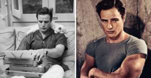 A black-and-white photo shows a man with a cat on his shoulders typing on a typewriter. Next to it, a color photo shows the same man wearing a fitted t-shirt, crossing his arms, and looking serious.