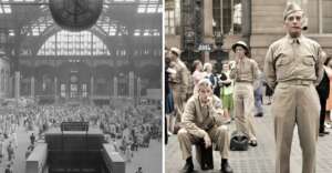 A split image: left, a crowded Penn Station concourse in black and white; right, colorized WW2-era soldiers, one standing and two sitting, with people and the station entrance in the background.
