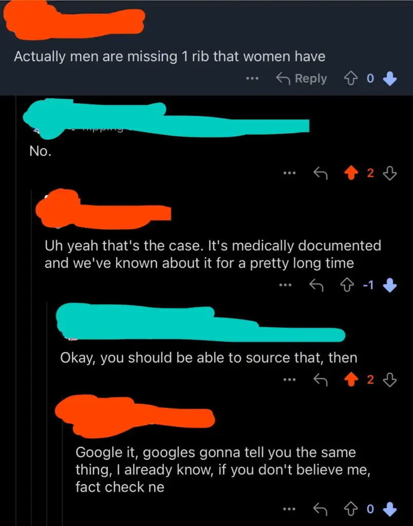 A screenshot of an online discussion. One person claims men are missing a rib that women have, insisting it's medically documented. Others disagree, challenging the claim and suggesting fact-checking. Various comments have upvotes and downvotes.