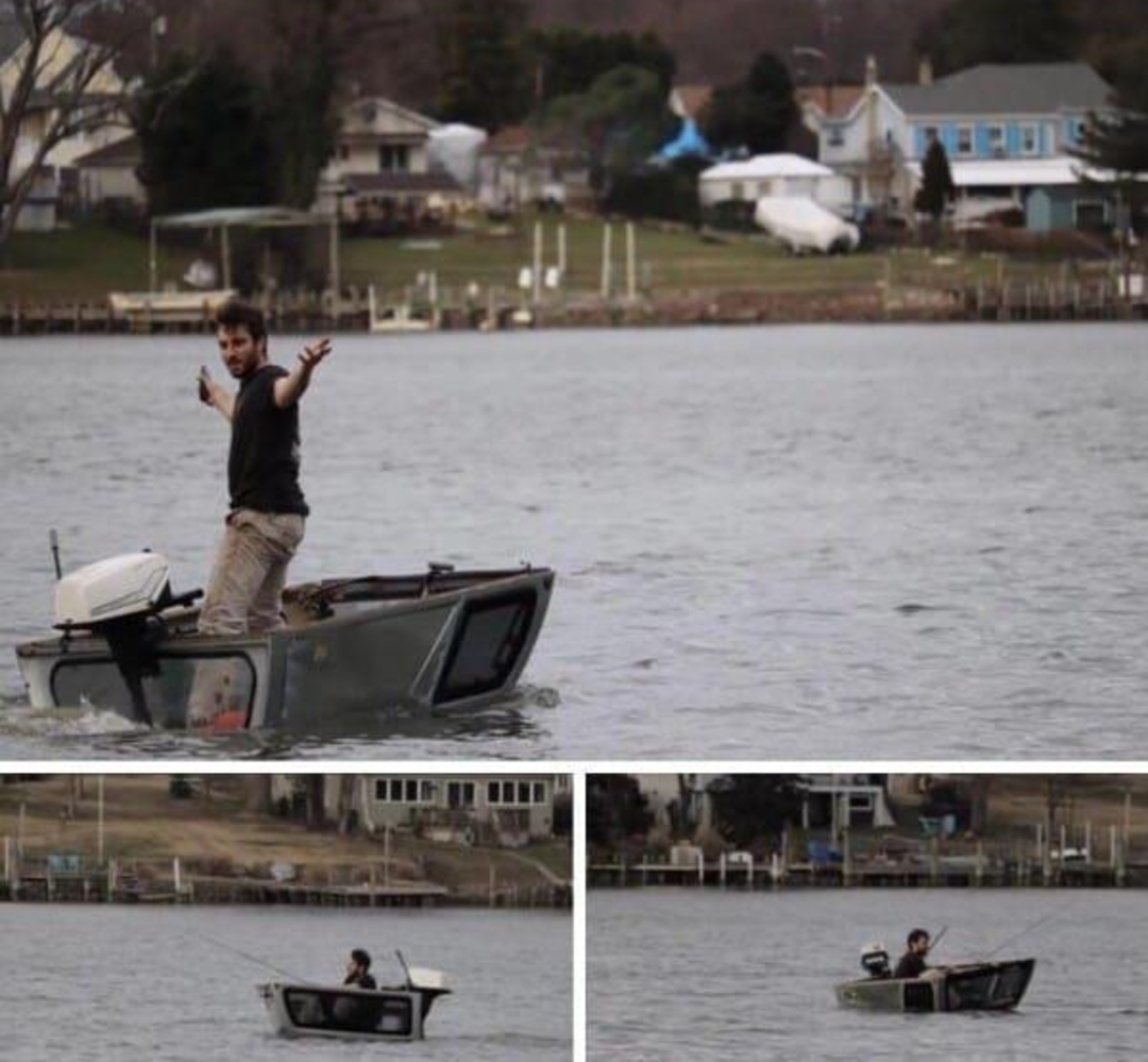 A person stands and gestures on a small boat that appears to be sinking, with water up to the sides. Two smaller images below show the person sitting and fishing as the boat continues to submerge on a lake near houses.