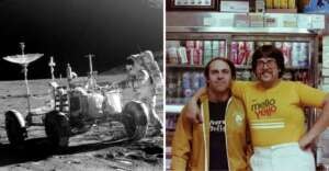 Left: An astronaut on the moon operates equipment near a lunar rover in a black and white setting. Right: Two men stand smiling in a retro store, surrounded by vintage products and wearing casual clothing.