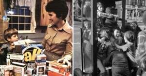 Left image: A woman and a child smile by a kitchen counter filled with groceries. Right image: A group of children joyfully crowd and play inside a phone booth, laughing and having fun.